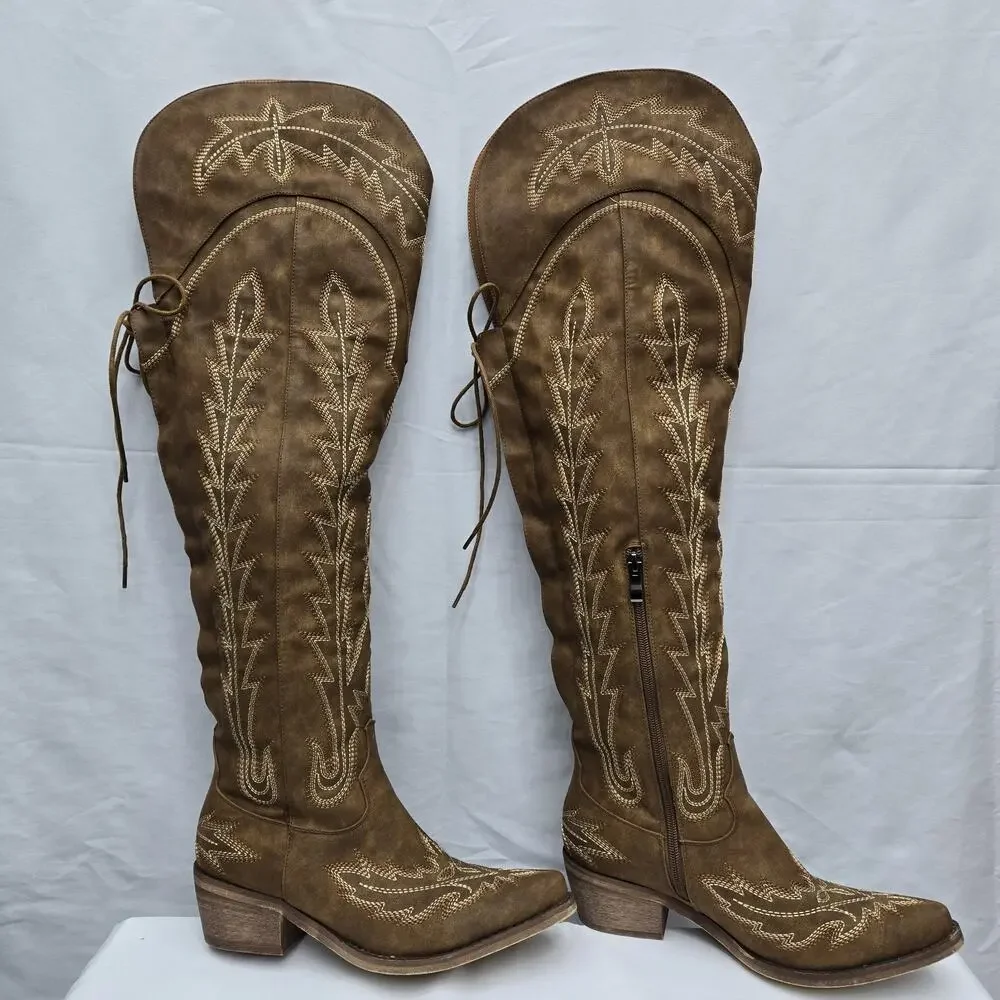 Brown Embroidered Thigh-High Over-the-Knee Cowboy Back Lace-Up Boots Size 6